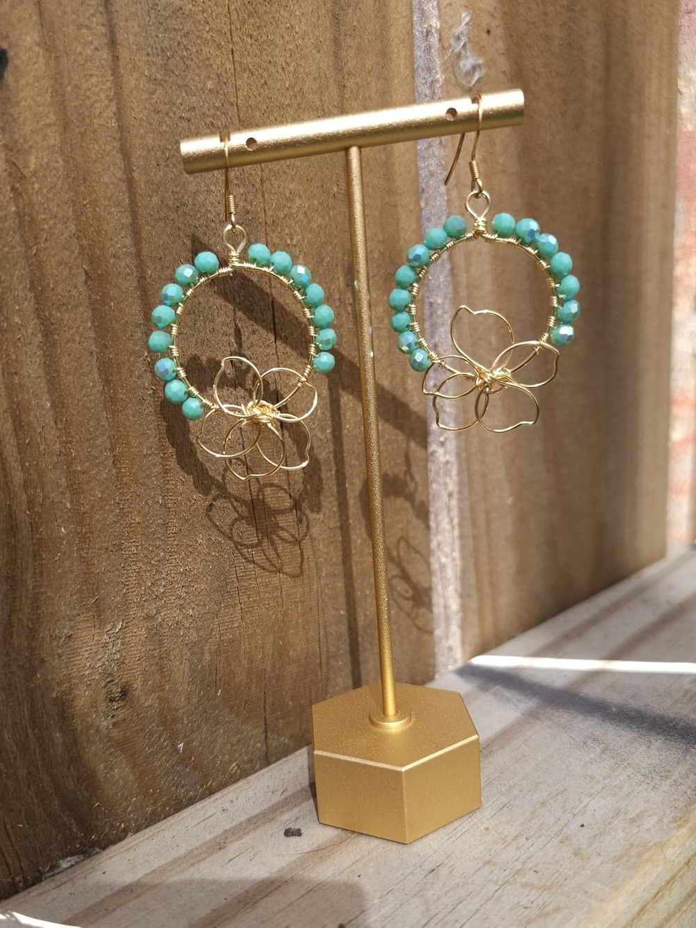 Gold Floral Hoop Earrings with Turquoise Beads - Women Jewelry